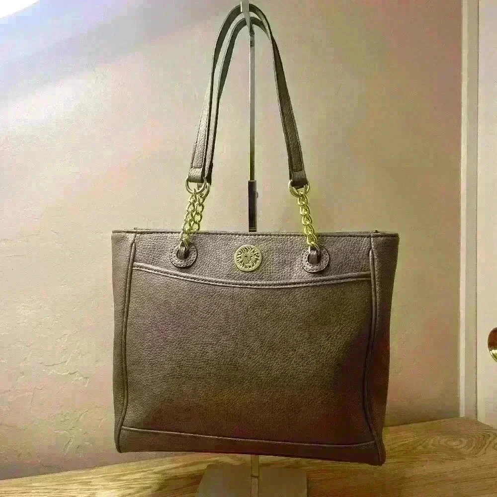 Anne Klein Perfect Lion Logo Tote Bag - Faux Leather Taupe - EUC